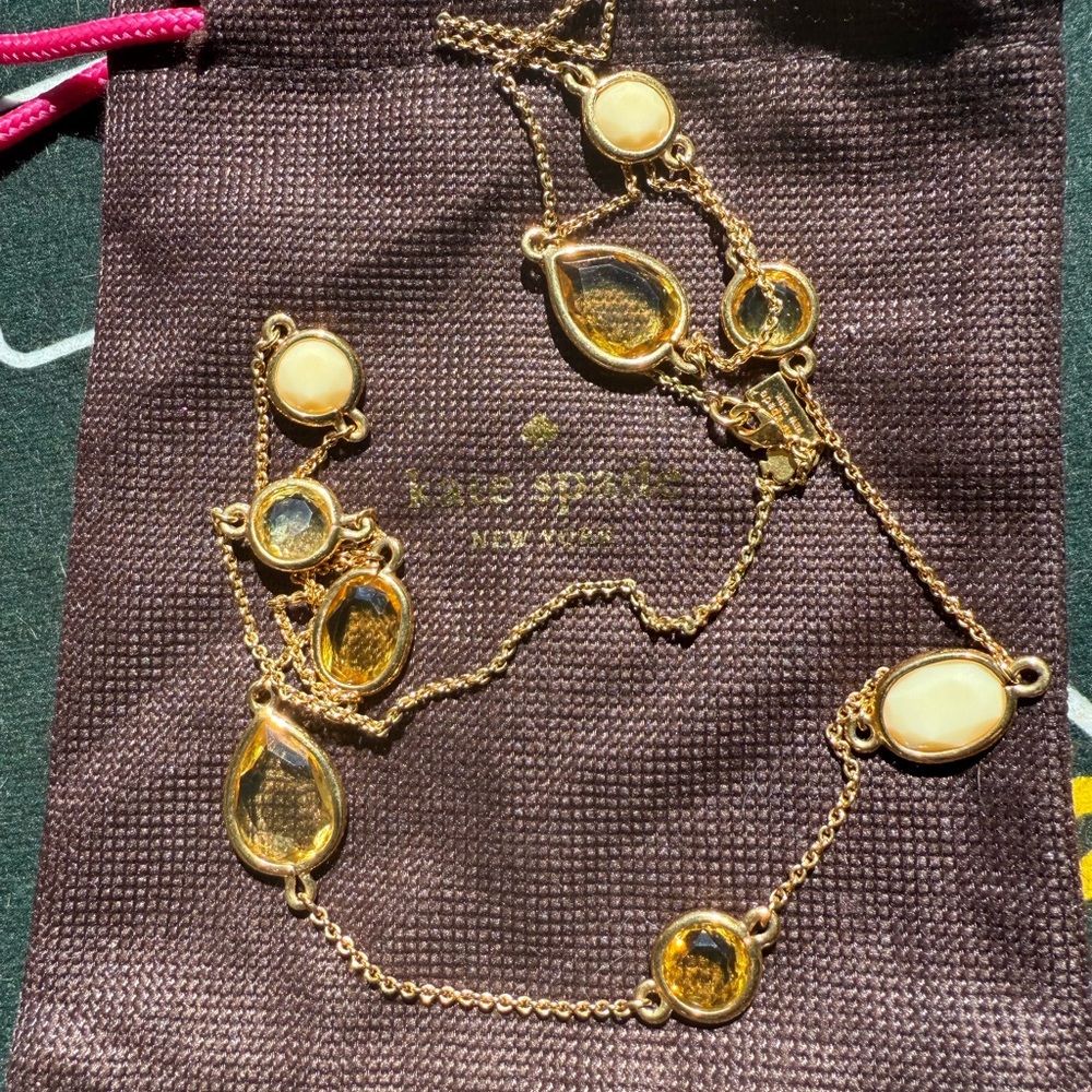 Kate Spade Long Gold Necklace with Canary Yellow & White Stones 💎